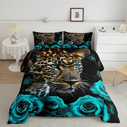 Vista 14 de Erosebridal Juego de ropa de cama de guepardo con rosa azul, juego de edredón con estampado de leopardo y gato, edredón romántico de plumón