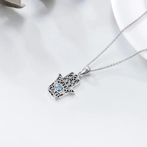 Vista 4 de MBSUUH Hamsa - Collar de mano de plata de ley 925 con dije de Fátima Hamsa para mujer, Metal, Circonia cúbica