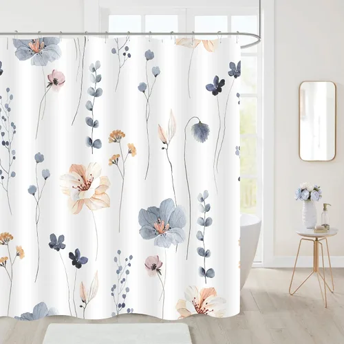 Vista 2 de Gibelle Cortina de ducha pequeña de 36 x 72 pulgadas, cortina de ducha estrecha de tela floral de media acuarela, juego de cortina de ducha Azul