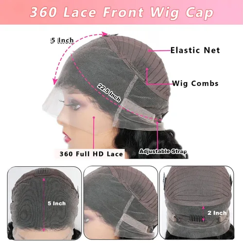 Vista 4 de catti Pelucas de cabello humano ondulado con encaje frontal 360, densidad 220, pelucas de encaje frontal HD, peluca de cabello humano prearrancado