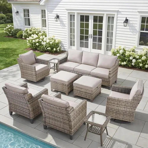 Vista 18 de Belord Sofá de patio exterior acolchado de 3 asientos de lujo de 6 pulgadas Cojín de mimbre marrón/beige de 6 pulgadas