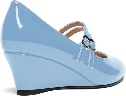 Vista 5 de SHOWFOREST Zapatos de tacón bajo con hebilla de punta redonda para mujer, con correa ajustable y correa ajustable, 2 pulgadas