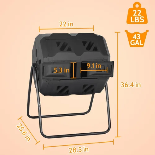 Vista 6 de Contenedor de compostaje de 43 galones para exteriores con puertas correderas de doble cámara, compostador de volteo, compostadores manuales