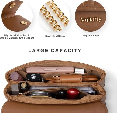Vista 5 de Vulkitty Bolso bandolera para mujer con correa de cadena ajustable, de cuero, cierre de hebilla magnética