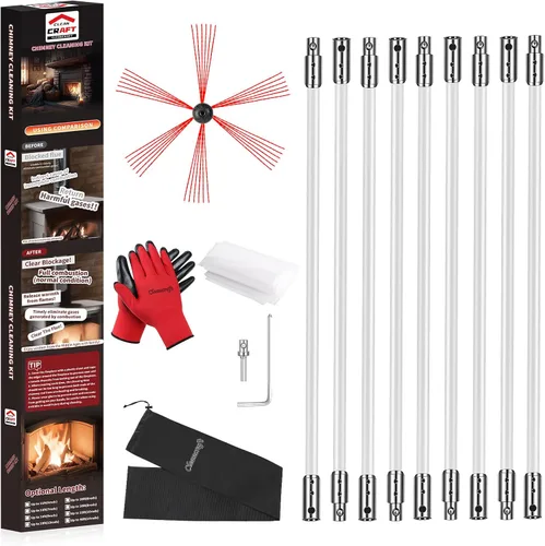 Vista 12 de Kit de limpieza de chimenea de 16 pies, kit de limpieza de chimenea con 5 varillas de chimenea flexibles, sistema de limpieza de chimenea giratorio