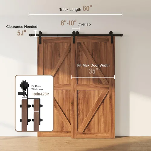 Vista 3 de WINSOON - Kit de herrajes para puerta corrediza de granero de 1.5 m, de un solo riel, para puertas dobles, techo bajo, fácil montaje, resistente, se