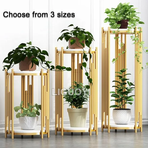 Vista 7 de LIGUOYI Soporte para macetas al aire libre, estante de metal de 2 niveles, superficie de mármol, soporte de esquina para plantas de flores, estante