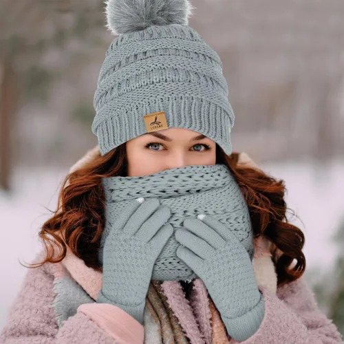Vista 7 de Winter Beanie Hat Scarf Gloves Set, Soft Fleece Knit Hat Warm Touchscreen Gloves Neck Warmer Thick Scarves Gifts for Women