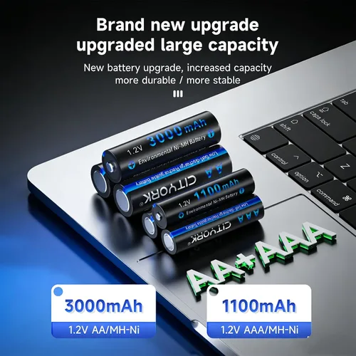 Vista 4 de CITYORK Baterías recargables con cargador, paquete de 8 pilas AA 3000mAh y 8 unidades AAA1100mAh Ni-MH con cargador inteligente LCD de 8 bahías