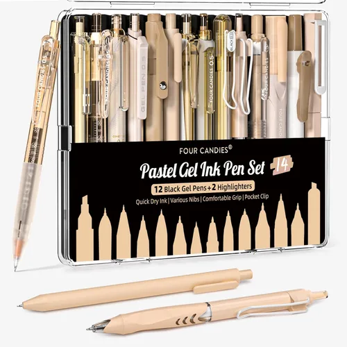 Vista 12 de FOUR CANDIES - Paquete de 14 bolígrafos pasteles bonitos, estéticos y retráctiles con tinta de gel negra, punta fina de 0.5 mm, incluye 2 Azul