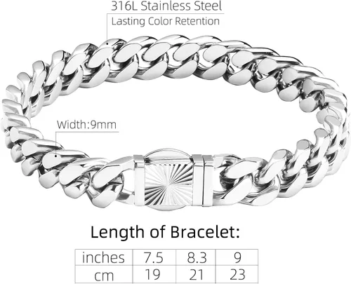 Vista 2 de CaptainSteeL Pulsera de cadena de eslabones cubanos para hombre, acero inoxidable 316L, 90.394 in de ancho, patrón de moda, botón a presión, joyería
