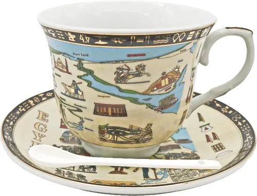 Vista 10 de Juego de tazas y platillos de café expreso de cerámica dorada egipcia, taza Demitasse de 3.4 oz/3.4 fl oz, regalo de porcelana para cumpleaños