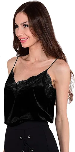 Vista 6 de Camisola de encaje sexy para mujer, blusa sin mangas casual con cuello en V, terciopelo con tirantes delgados, camisola sin mangas, Vino