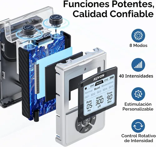 Vista 3 de AUVON - Unidad TENS Digital Recargable, Estimulador Muscular con Batería de 600 mAh, Máquina TENS con 8 Modos Personalizables, Masajeador Eléctrico