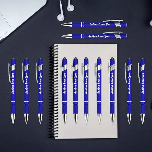 Vista 6 de Aolun Bolígrafos personalizados, bolígrafos con grabado personalizado con lápiz capacitivo, metal suave al tacto, nombre grabado, logotipo o Azul
