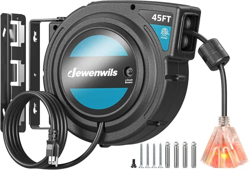 Vista 17 de DEWENWILS Carrete de Cable de Servicio Pesado, Cable de Extensión de Alimentación Retráctil de 40 Pies, 12AWG/3C SJTOW, 3 Tomas Triples Iluminadas