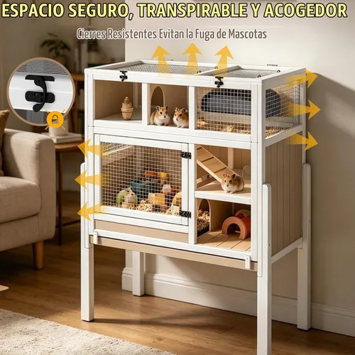 Vista 9 de Jaula grande de madera para conejillos de indias de 3 niveles con soporte Para 2-4 conejillos de indias, rampa antimasticación, bandeja extraíble