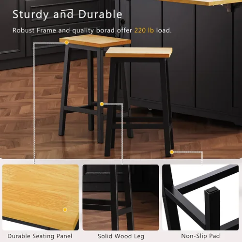 Vista 4 de Solid Wood Bar Stools Set of 2, 25.6in Tall Counter Height Bar Stools with Footrests, Farmhouse Kitchen Counter Stools, Dining Chairs for Table &