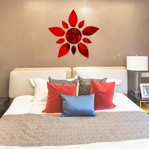 Vista 6 de Adhesivo de pared acrílico, diseño de flores en 3D Self-Adhesive Red Acrylic Crystal Material, Mirror Wall Clock For Home, Apartment And Indoor
