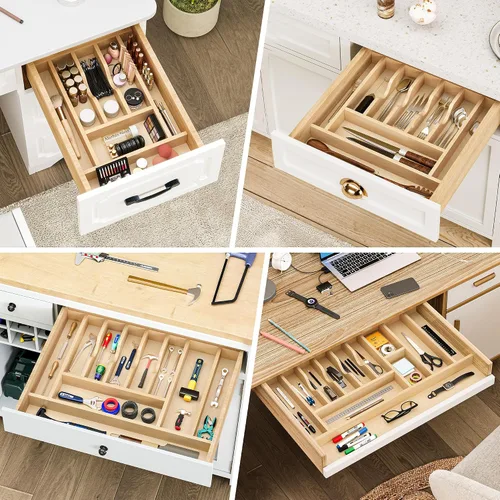 Vista 7 de Clikuutory Organizador de cajones de utensilios de madera de abedul natural con 12 compartimentos, bandeja divisora de cubiertos resistente que