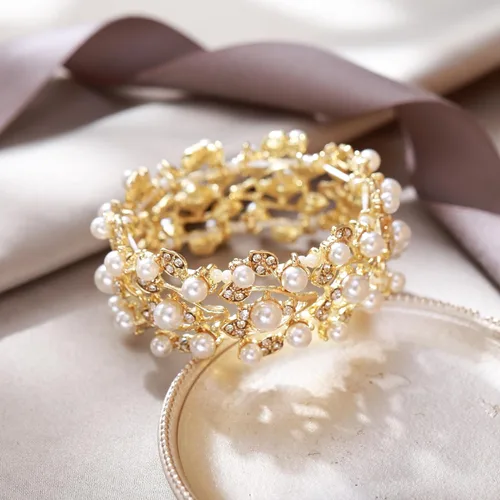 Vista 4 de EVER FAITH Crystal Cream Simulated Pearl 1920's Style Leaf Stretch Pulsera Transparente