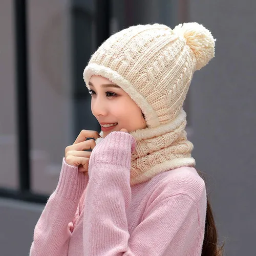 Vista 7 de Gorro de Invierno para Mujer de Una Pieza con Forro Polar Pasamontañas de Punto Conjunto con Bufanda Circular para Cuello Gorro de Esquí para Nieve
