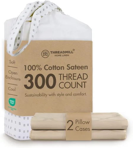 Vista 16 de Threadmill Juego de fundas de almohada tamaño king de 2 piezas - 100% algodón puro de 300 hilos, tejido de satén beige - Fundas de almohada ultra
