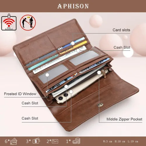 Vista 2 de Aphison - Cartera larga de cuero suave RFID para mujer, con caja de regalo