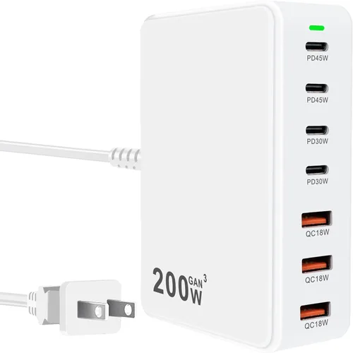 Vista 8 de Bloque de carga USB C de 200 W, 7 puertos GaN, estación de bloque de carga rápida, multipuerto PD QC3.0 Hub de ladrillo compatible con laptop