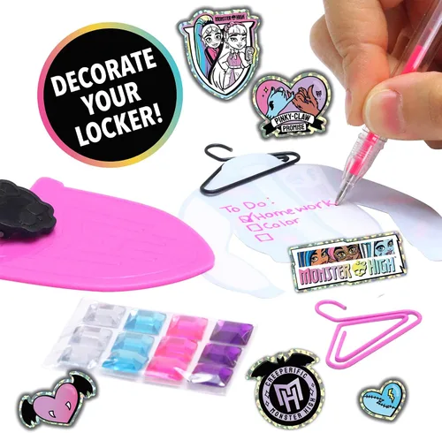 Vista 4 de Tara Toy Monster High: Design Activity Locker - Doodle & Decorate, estuche de almacenamiento en forma de ataúd de lavanda con bloqueo, mini