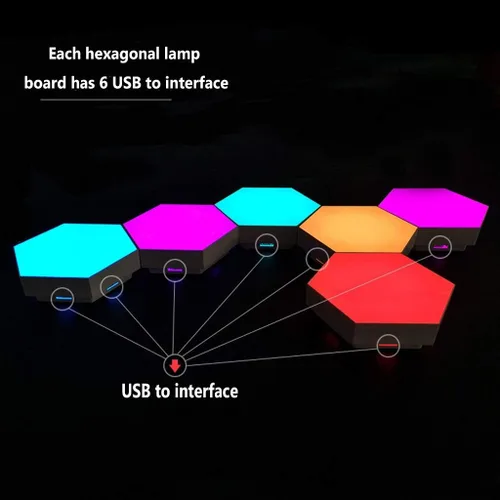 Vista 2 de QFFL paneles de luz led inteligentes luz blanca sensor táctil lámpara con toma USB forma hexagonal Iluminación del hogar noche luz decoración