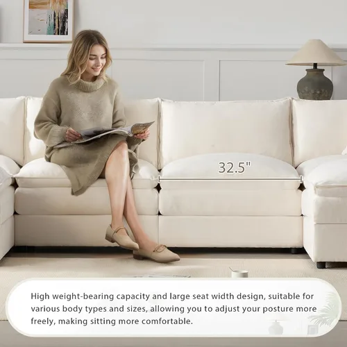 Vista 17 de Moderno sofá modular en forma de U con almohadas para la cintura, sofá cama con diván, sofá tapizado simétrico de felpilla de 6 asientos para sala