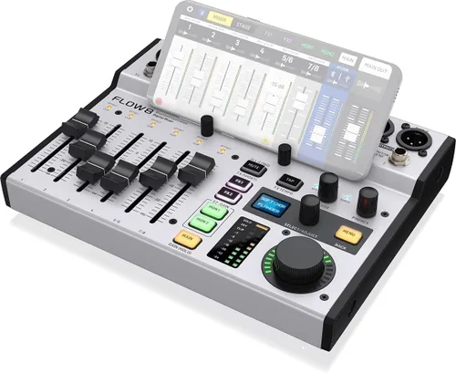 Vista 8 de Behringer FLOW 8 Mezclador Digital de 8 Entradas con Audio Bluetooth y Control de Aplicación, Faders de Canal de 60 mm, 2 Procesadores de FX e