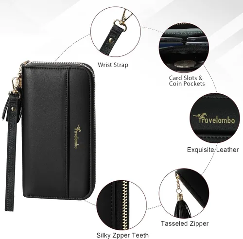 Vista 6 de Travelambo Cartera con borla plegable para mujer, bolso de mano con correa para la muñeca, bolso largo
