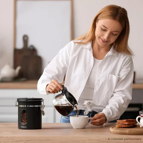 Vista 9 de Veken Recipiente de café con ventana, recipiente hermético de almacenamiento de alimentos de cocina de acero inoxidable con tapas, rastreador