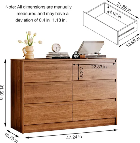 Vista 2 de Chrangmay Cómoda de 6 cajones, cómoda de mediados de siglo de 47 pulgadas de ancho, cómoda de madera con 6 cajones de almacenamiento