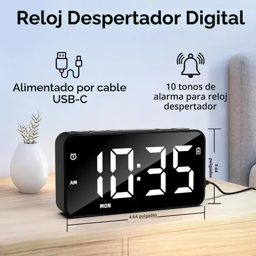 Vista 2 de Reloj despertador digital enchufable con batería de reserva recargable para dormitorios, sala de estar, estudio, reloj de noche ruidoso con función