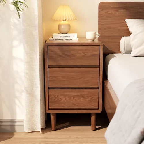Vista 16 de Mesita de noche alta natural con 3 cajones, mesita de noche moderna de mediados de siglo con almacenamiento, mesita de noche de madera maciza