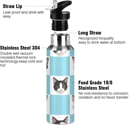 Vista 3 de Insulated Stainless Steel Water Bottle with Straw 32 Oz, BPA-Free Sport Water Bottle Insulated for Gym Outdoor Travel School, Black White Cat