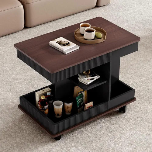 Vista 4 de Moderna mesa auxiliar ajustable con ruedas, mesa auxiliar multifuncional para sofá con elevador, parte superior giratoria de 360° y espacio