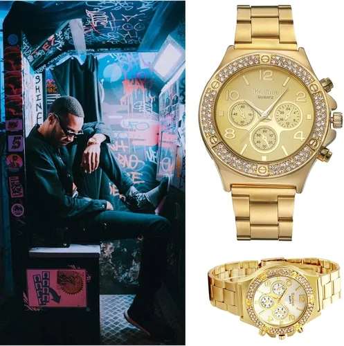 Vista 2 de Reloj Lancardo dual con bisel de brillantes en tono oro