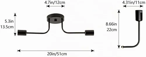 Vista 2 de 2 lámparas de techo industriales semiempotradas con ramificación de metal ajustable, soporte E26, pintado en negro, para cocina, sala de estar