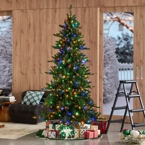 Vista 10 de Glitzhome - Árbol de Navidad artificial delgado preiluminado de 2.4 m, con ramas de pino Aspen Frostfall, soporte plegable de metal, 500 luces Aspen
