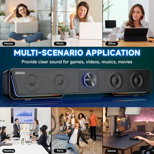 Vista 7 de Jeecoo A40 - Altavoces Bluetooth para computadora con sonido claro, altavoces USB Plug & Play para PC con luz LED, barra de sonido para computadora