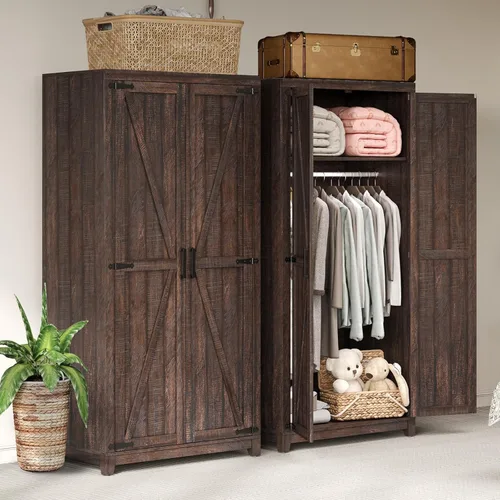 Vista 11 de AMERLIFE Armario de granja, clóset con 2 puertas estilo granero, gabinete de almacenamiento de 71" con barra para colgar y estante, almacenamiento