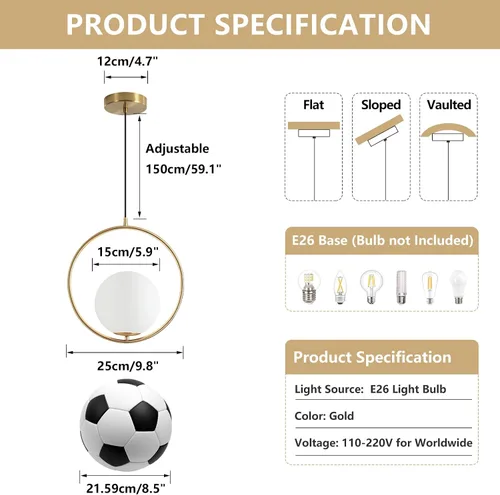 Vista 2 de KCO Moderna lámpara colgante de globo dorado con 1 luz individual de cristal blanco para isla de cocina, lámpara colgante ajustable de mediados