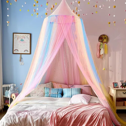 Vista 9 de Mosquitera Toldo de Cama para Niñas, Cortinas de Cama King con Dosel Tamaño Full Queen desde el Techo, Tienda de Cama de Mosquitera de Cúpula Twin