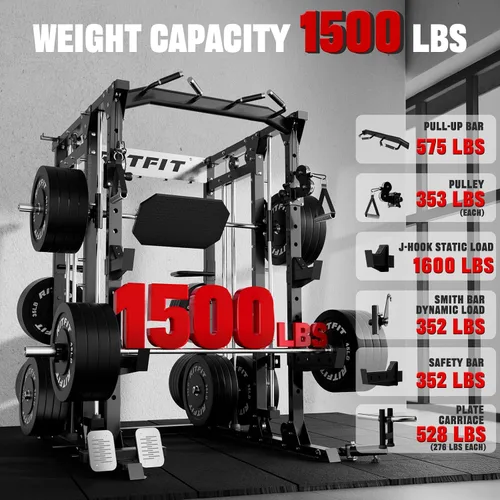 Vista 4 de RitFit Máquina Buffalo Smith, jaula eléctrica con sistema LAT-Pull Down y sistema de cruce de cables, estante de sentadillas todo en uno