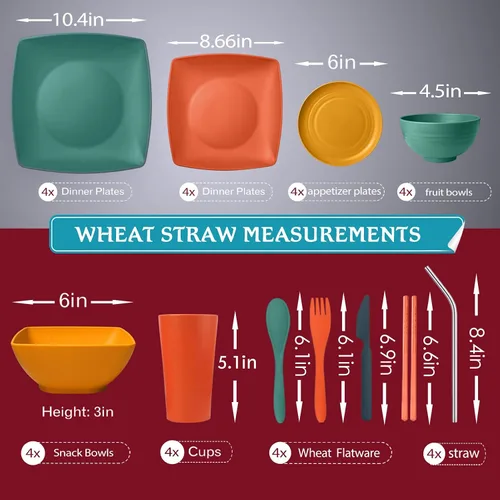 Vista 2 de Teivio 44-piece Plastic Wheat Straw Square Dinnerware Set for 4, Dinner Plates, Salad/Tidbit Plates, Snack/Fruit Bowls, Cups 13.5oz, Flatware