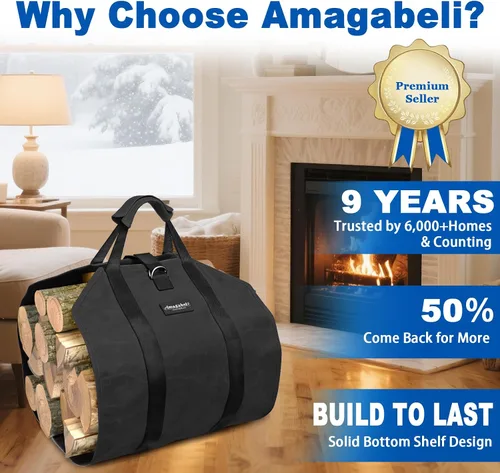 Vista 5 de Amagabeli - Bolsa de transporte de leña encerada, bolsa de transporte resistente para chimenea de leña grande con asas para camping, soporte